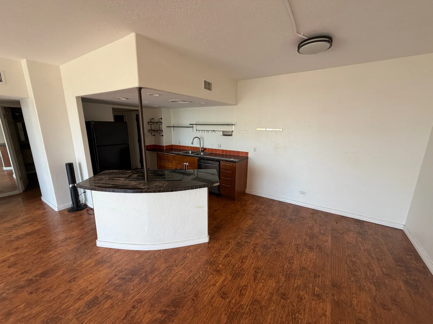 Condo kitchen before tear-out, with existing cabinets, curved counter and wood-look flooring